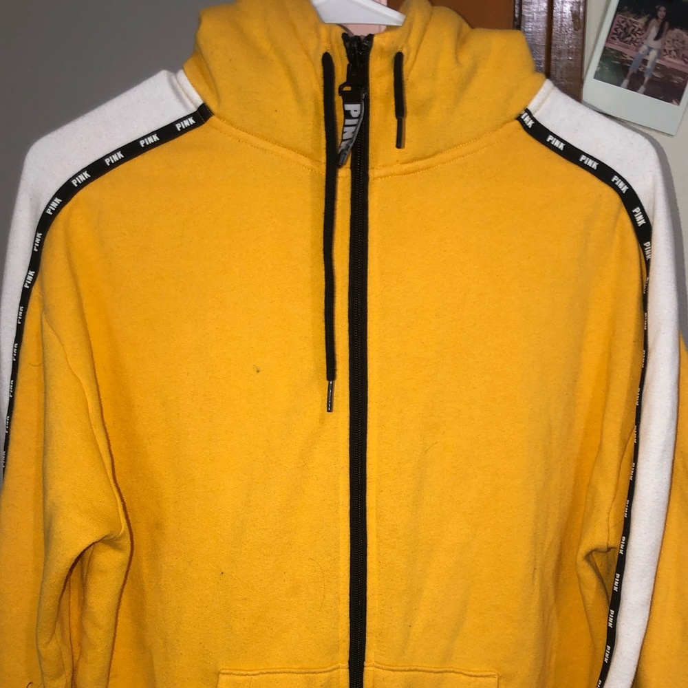 Yellow Pink hoodie with fur hood